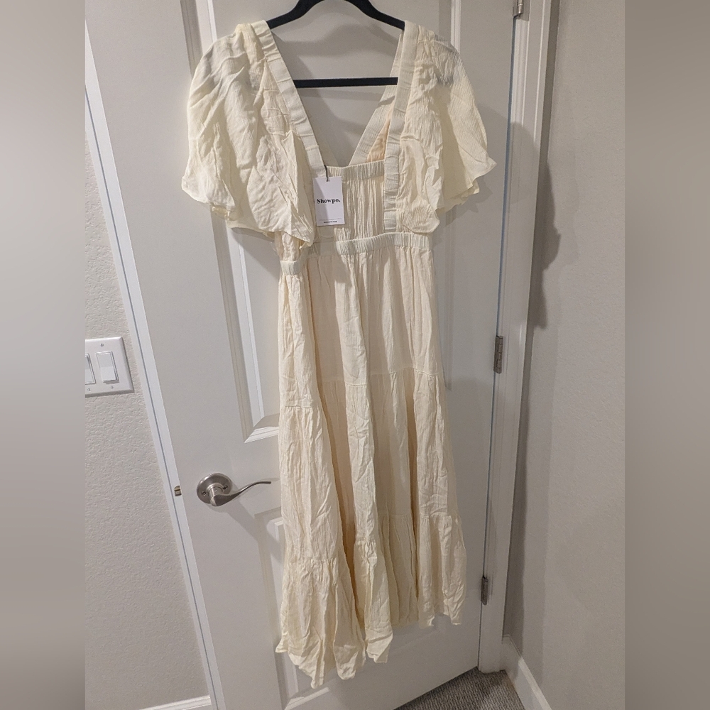 Showpo. Cream Ruffle Sleeve Tiered Midi Dress - Picture 3 of 3